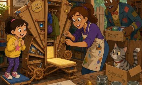 Mira, a smiling, focused inventor with light brown hair in a ponytail, round glasses and a paint-stained apron, leans forward adjusting a small golden gear on a folding mechanical shelf that opens into a cushioned bench; Sprocket, a striped gray cat, sits in a cardboard box on the workbench to Mira’s right watching curiously, tail up; Mr. Pender, about 60, in a mismatched work jacket, leans over the fence behind Mira holding a paint crate, smiling in surprise; Lila, about 8, shy but delighted, climbs onto the small padded bench of the Light‑Luggage as it unfolds; the garden shed workshop in the background has a wooden worktop, walls lined with sketches and jars of screws, buttons and springs, warm light through a dusty window, hanging tools and small yellow lamps; main focus: the colorful Light‑Luggage (light wood, copper rivets, blue lamps) fans open to reveal a glowing bench and compartments, offering Lila a tiny joyful ride while gears, springs and little bells add visible mechanical charm.