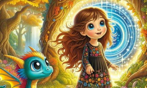 No centro da imagem, uma menina de 10 anos chamada Clara está de pé, com os olhos arregalados de admiração. Ela tem longos cabelos castanhos que flutuam suavemente ao vento e veste um vestido colorido decorado com flores. Seu rosto irradia curiosidade e empolgação enquanto ela descobre um portal cintilante atrás de um grande carvalho. Ao lado dela, um pequeno dragão chamado Zafir, com escamas azul-vivo e olhos brilhantes, a observa com um sorriso amigável. Ele bate suavemente as asas, pronto para voar, e se mantém ligeiramente afastado, como se estivesse lá para proteger Clara. O cenário é um vale encantado, cheio de árvores com folhas douradas e flores coloridas que parecem dançar ao ritmo de uma melodia suave. Raios de sol penetram através da folhagem, criando uma atmosfera mágica e luminosa. A cena principal mostra Clara e Zafir diante de um portal reluzente, vibrante de cores, pronto para levá-los a uma aventura extraordinária. Clara estende a mão em direção ao portal, hesitando entre o mistério e a empolgação, enquanto Zafir a encoraja com um olhar confiante.