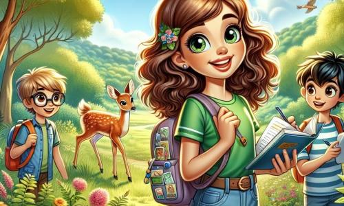Una ragazza di 12 anni, Sofia, con capelli castani e ricci, occhi pieni di curiosità, si trova al centro della scena con un sorriso radioso. Indossa una maglietta verde e un pantaloncino di jeans, e tiene uno zaino pieno di materiale ecologico. Accanto a lei, Marco, un ragazzo di 12 anni con capelli castani e occhiali, osserva con meraviglia un capriolo che si avvicina, mentre Fatima, una ragazza di 12 anni con capelli lunghi e neri, prende appunti in un quaderno, gli occhi brillanti di eccitazione. Il luogo è una splendida riserva naturale, con grandi alberi maestosi, fiori colorati e un cielo blu. Un raggio di sole filtra tra i rami, illuminando la scena. I tre stanno raccogliendo rifiuti nella riserva, con sacchi della spazzatura in mano e un'espressione determinata, circondati dalla bellezza della natura, mentre un capriolo curioso li osserva, simboleggiando l'armonia tra i bambini e l'ambiente che proteggono.