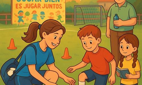 Una futbolista profesional sonriente y amable, cabello castaño en coleta, uniforme azul y botas en una bolsa, arrodillada enseñando a un niño a controlar el balón, rostro concentrado y cálido; Clara, 11 años, con dos trenzas y una libreta tomando notas a la derecha; Mateo, unos 9 años, pelo corto y mejillas sonrojadas, intentando un pase con el pie abierto tipo «plato», ligeramente adelantado, de timidez a orgullo; Tomás, conserje amable de unos 60 años con gorra al fondo junto a la valla, sonriendo y sosteniendo una botella; escenario: pequeño campo de pueblo al atardecer, hierba dorada por el sol, valla baja de madera, dos porterías gastadas y un gran mural infantil con la frase JUGAR BIEN ES JUGAR JUNTOS; entrenamiento amistoso al ocaso con pases y risas, balón en primer plano en movimiento, conos naranjas marcando el recorrido, ambiente cálido, colores saturados y contrastados, estilo vectorial limpio con líneas claras y rasgos suaves y legibles para niños.