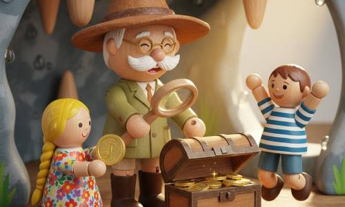 A smiling archaeologist opens a small wooden treasure chest with a magnifying glass; he wears a floppy felt hat, white mustache, round glasses, a khaki jacket and toy-like leather boots. Lily, about 7, with braided hair and a colorful dress, kneels holding a shiny painted wooden coin. Tom, about 6, short hair and a striped T-shirt, jumps for joy by the wooden cave entrance. The scene is a painted miniature wooden cave with fake stalactites, textured gray-blue rocks and beaded water drops; a painted golden sunbeam lights the chest and makes the painted coins glitter. Overall warm, vivid colors, visible wood textures, childlike toy style, simple readable composition in a slight bird’s-eye view.