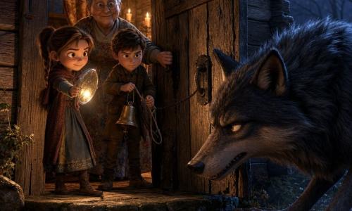 Four characters: Mila, 11, light chestnut hair in a ponytail, round face and brave smile, holding a small silver mirror reflecting a candle, standing left by the door looking out; Rowan, 11, short brown hair, focused, clutching a leather bell with string around his hand, beside Mila slightly back and ready to ring it; Grandmother, ~70, gray hair in a bun, gentle wrinkles, simple floral dress, standing behind the children with a hand on the door handle, calm and protective; the Big Bad Wolf, large, dark gray fur with bluish highlights, piercing yellow eyes and elongated muzzle, crouched on the outer threshold with a sly, menacing look. Setting: rustic wooden cottage front—weathered boards, old oak door with cracks, stone threshold, thick curtains glowing with warm candlelight—at dawn with weak golden light, long shadows and damp leaves on the porch. Main moment: tense scene with the door open a narrow crack; the candlelight and mirror reflection hit the wolf’s face making him recoil; Mila points the mirror, Rowan holds the bell ready, grandmother blocks the door; strong contrast between warm interior (orange/ochre) and cold exterior (gray-blue), clear expressions of defiance on the children and cunning in the wolf.