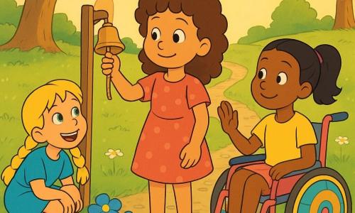 There are four characters: Mina, a ~9-year-old girl with curly brown hair in a simple polka-dot dress standing center and gently pulling the rope of a small metal bell on a wooden stand; Joy, a ~9-year-old blonde girl with two braids and a mischievous smile crouched left by a patch of bright blue flowers, watching the bell excitedly; Lila, a ~9-year-old girl with tied black hair in a tidy colorful wheelchair on the right, calmly poised with a raised hand encouraging Mina; and Sir Slow-and-Steady, a male tortoise with a large brown back painted with patterns and a small drawn gate on his shell, behind the children near daisies watching kindly. The setting is a grassy clearing called the Meadow of Maybe, threaded with silver light, lined with small blue flowers, a looping gray pebble path, a few smooth-trunked trees and a creamy late-afternoon sky bathing everything in golden light. The scene: the girls have reached the hilltop and Mina rings the bell, which gives a clear, gentle chime; the blue flowers guide the eye, pebbles crunch under wheels and feet, and the mood is calm, warm and slightly magical—a shared moment of decision and friendship.
