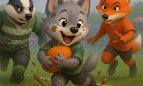 A young anthropomorphic wolf child with soft gray fur, bright round eyes and a joyful muzzle, mud-splattered, dashes toward the try line clutching an orange oval ball to his chest as a young fox teammate with vivid red fur runs beside him, concentrated and encouraging, reaching to pass from slightly behind and to his right, while a stocky badger teammate in a rain-soaked striped jersey, determined, blocks an opponent at the wolf’s left; the muddy rugby field has crushed dark green grass, reflective puddles, faded white lines, a gray rainy sky and spectators under colorful umbrellas in the background, capturing a dynamic final moment as the wolf slides and rolls through a puddle with animated mud splashes in a confident victory pose that conveys speed and camaraderie, rendered in saturated yet soft colors, smooth gradients, detailed mud textures and raindrops, centered action composition with a slight low-angle shot to emphasize the heroic gesture.