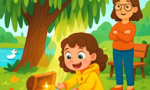 An 8-year-old girl named Molly, with curly brown hair and sparkling green eyes, is discovering a treasure hidden under a large old willow tree. She has a delighted smile, her cheeks are pink with excitement, and she wears a bright yellow raincoat with rubber boots. Next to her, a woman in her thirties, her mother, with brown hair and round glasses, watches her proudly with her arms crossed, standing near a wooden bench. The setting is a green park with colorful flowers, a sparkling pond, and ducks swimming peacefully. The main scene shows Molly kneeling, opening a small wooden chest, discovering shiny treasures, while rays of sunlight filter through the willow branches, illuminating her joyful face.