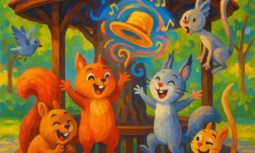 The main character is Pip, a small fluffy red squirrel with a round face and bright eyes, joyful and proud, standing on a wooden bench with paws raised as he chants a rhyme; beside him Twizzle, a gray sister squirrel with pointed ears, relieved and delighted as her yellow hat lands on her head, hopping; Nutmeg, a plump brown brother, crouched on the left of the bench laughing and clapping; Whiskers, a slim cream-colored brother, making an amused face perched on the right backrest; a few dapper round pigeons flutter above watching; setting: a dark wooden round bandstand in a sunny park with a tiled roof, a circular bench around a knotted trunk, green leaves, golden sunbeams and small shadows on irregular cobbles; main action: Pip lowers Twizzle’s hat with a magical rhyme—a whirlwind of air shown as colorful spirals and musical notes gently lifting the hat, playful movement; style: vivid acrylic painting with thick brushstrokes, saturated colors and visible texture, centered composition and a warm childlike feel.