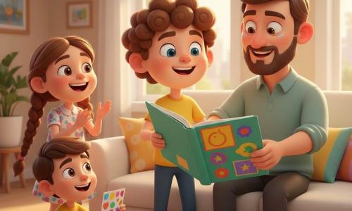 A 10-year-old boy with curly brown hair, sparkling blue eyes, a round face and light freckles proudly holds a large colorful scrapbook open toward his father; the father, about 40, with dark blond hair, a short beard and teary, smiling eyes, sits on a cream sofa turning a page; two other 10-year-old children—Mia, with long brown braids in a floral dress, standing left of the sofa laughing and clapping, and Ben, with short brown hair in a yellow t-shirt with googly eyes, crouched by a coffee table holding stickers—watch excitedly; the warm, bright living room has light wood floors, large windows with golden sunlight, colorful cushions, a small coffee table with pancakes, paper garlands on the wall, and the scene conveys a tender, festive moment with vivid colors, soft textures, golden lighting and crisp cel-shaded contrast.