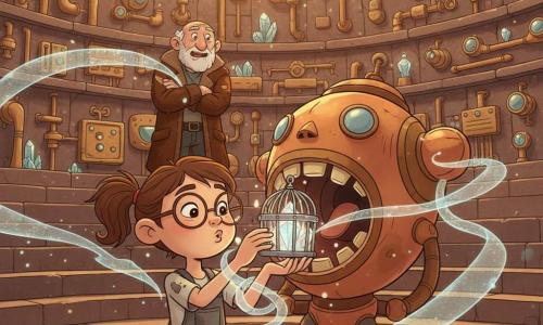 A smiling, focused 10-year-old girl named Mira with messy brown pigtails, round glasses and oil‑stained gray overalls delicately holds a small silver metal cage threaded with glowing filaments and blows on it like an instrument as her nonhuman companion Syl — a living ribbon of shimmering metal and translucent air that coils around her wrist leaving blue and silver light trails and looks mischievously protective — helps while an elderly Windkeeper of about 70 with a wrinkled face, short white beard and a thick brown leather coat stands back on the spiral stone tiers watching with astonishment and apprehension in a semicircular cliffside amphitheater studded with brass devices, pipes, lenses and crystals and floating colored mists, as Mira installs the crystal cage into the mouth of a large copper Harmonizer and Syl weaves ribbons of air around the machine, the scene bathed in golden sunset light illuminating dust and particles.