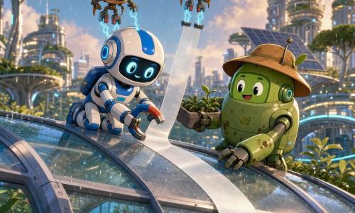 Timo, een kleine vriendelijke wit-blauwe robot met een vastberaden glimlach, legt een brede glasvezelband op het glazen kasdak terwijl Plonky, een robuuste groene tuiniersrobot met pincetten, planten doorgeeft en de reparatie stabiliseert; twee kleine koperen windbots-drones houden de glasvezel met magneetjes op zijn plaats; de kas staat in een futuristische groene stad met begroeide torens en zonnepanelen, het regent licht met glinsterende druppels en een warme avondstemming.