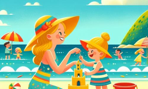 Una bambina di 2 anni, gioiosa e sorridente, con capelli biondi ricci, indossa un bel cappello giallo e un costume da bagno a righe colorate. È seduta sulla sabbia dorata, con le mani piene di sabbia, mentre costruisce un grande castello di sabbia con uno sguardo meravigliato. Accanto a lei, la mamma, una donna di circa 30 anni con lunghi capelli castani raccolti in uno chignon, sorride guardando la figlia. Tiene un secchiello rosso pieno di conchiglie colorate e sta in piedi vicino all'acqua, con i piedi nell'acqua chiara e blu. Il luogo è una spiaggia soleggiata, con ombrelloni colorati, onde dolci che si infrangono sulla riva e bambini che giocano in lontananza. Il cielo è di un blu brillante, punteggiato da alcune nuvole bianche e soffici. La scena principale mostra la bambina, piena di entusiasmo, mentre costruisce il suo castello di sabbia, mentre la mamma la incoraggia e ammira la sua opera, creando un'atmosfera di felicità familiare e avventura estiva.