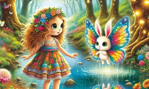 A 9-year-old girl named Lily stands by a sparkling stream, her big green eyes shining with wonder. She has curly golden hair that gently floats in the breeze, and she wears a colorful flower-adorned dress. Lily leans forward, fascinated by her reflection in the water, where she sees images of kindness and adventures. Next to her is a small magical creature named Flitter, a rabbit with butterfly wings, joyfully flying in the air. Flitter is colorful, with shimmering wings that shine like rainbows, smiling enthusiastically and encouraging Lily to discover the beauty of truth. The setting is an enchanted forest with majestic trees, sparkling leaves, vibrant flowers whispering secrets, and a crystal-clear stream reflecting the bright colors of the surrounding nature. Sun rays filter through the branches, creating a magical and warm atmosphere. The main scene shows Lily and Flitter by the stream, Lily gazing at her reflection in wonder while Flitter encourages her to explore the lessons of kindness and truth symbolized by the images in the water.
