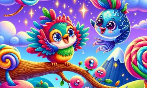 Un pequeño pájaro colorido, con plumas brillantes de rojo, azul, verde y amarillo, se posa en una rama de un árbol de azúcar, sonriendo. Sus ojos brillan de emoción mientras canta alegremente una canción divertida. A su lado, un pez volador con escamas brillantes de azul y plata, grandes ojos redondos y una sonrisa traviesa, hace piruetas en el aire, añadiendo un toque de magia a la escena. El decorado es una isla fantástica, con un cielo morado brillante y nubes que parecen de algodón de azúcar. Árboles con troncos de caramelo y flores con rostros sonrientes rodean el paisaje, creando una atmósfera alegre y lúdica. La situación principal muestra al pájaro y al pez cantando juntos, rodeados de risas y colores vivos, mientras se preparan para entrar en la montaña de las risas, donde un gran gato bailarín los espera con un sombrero extravagante.