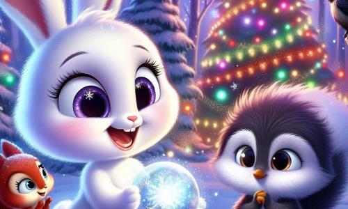 No centro da imagem, Lia, a coelhinha, está alegre e vibrante, com um pelo macio e branco, grandes orelhas em pé e olhos brilhantes de felicidade. Ela segura uma magnífica bola de cristal cintilante, cercada por flocos de neve que caem suavemente ao seu redor. À sua direita, Tico, o pequeno esquilo, está curioso e encantado, com um pelo ruivo e uma pequena cauda peluda. Ele observa a bola de cristal com os olhos arregalados, suas pequenas patas levantadas como se quisesse tocar a magia. À esquerda, Bia, a sábia corvo, despliega suas asas negras e brilhantes, com um olhar atento e um sorriso suave, observando a cena com orgulho. A cena se passa em uma floresta encantada, onde as árvores estão cobertas de neve brilhante e luzes coloridas iluminam o ambiente. Uma grande árvore de Natal se ergue ao centro, decorada com guirlandas cintilantes e bolas coloridas, criando uma atmosfera festiva e acolhedora. A situação principal mostra Lia fazendo um pedido com a bola de cristal, enquanto estrelas cintilantes começam a aparecer no céu, simbolizando a magia do Natal que se instala na floresta, reunindo todos os animais para celebrar juntos.