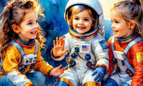 No centro da imagem, Mia, uma menina de 8 anos com cabelos cacheados e castanhos, veste um traje espacial colorido e sorri alegremente acenando. À sua direita, Luna, outra menina de 8 anos com cabelos longos e loiros, observa com admiração um pequeno módulo espacial, seus olhos brilhando de curiosidade. À esquerda, Sofia, uma menina de 8 anos com cabelos curtos e castanhos, está agachada consertando a nave com ferramentas futuristas, concentrada e determinada. O cenário é uma floresta exuberante, cheia de árvores gigantes com troncos grossos e folhas verdes vibrantes, com flores coloridas ao redor do módulo espacial. Raios de sol filtram através da folhagem, criando uma atmosfera mágica e acolhedora. Em primeiro plano, Zog, um extraterrestre amigável de cor esmeralda com grandes olhos brilhantes, está ao lado das meninas, sorrindo com gratidão. A cena mostra o momento em que as meninas, cercadas pela natureza, trabalham juntas para consertar a nave de Zog, simbolizando a amizade intergaláctica e a cooperação.