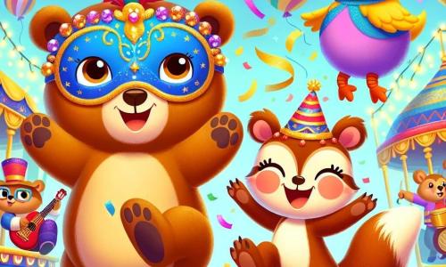 Bruno, un adorable oso marrón con pelaje suave y ojos brillantes de alegría, lleva una hermosa máscara azul adornada con estrellas doradas. Baila con entusiasmo en medio de una escena de carnaval, con una gran sonrisa iluminando su rostro. A su lado, Gabi, una pequeña ardilla de ojos vivos y pelaje rojizo, lleva un sombrero colorido y salta de alegría, con sus patas delanteras levantadas. Un poco más lejos, Tino, un pato sonriente con plumas amarillas brillantes y una capa multicolor, hace piruetas riendo, sumando a la atmósfera festiva. El lugar es un carnaval mágico, lleno de colores vibrantes: carros decorados con flores, guirnaldas luminosas colgando en el aire y confeti flotando a su alrededor. La situación principal muestra a Bruno, Gabi y Tino bailando juntos, rodeados de la magia del carnaval, compartiendo risas y momentos de alegría, ilustrando la amistad y la celebración.