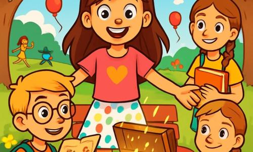 Una niña de 12 años, con largos cabellos castaños y ojos brillantes de alegría, se encuentra en el centro de la imagen, sonriendo y llena de entusiasmo. Lleva una camiseta rosa con un corazón dorado y una falda de lunares coloridos. A su lado, un niño de 12 años, con cabello rubio y gafas, la mira con admiración, sosteniendo un mapa del tesoro en su mano. Un poco más lejos, otra niña de 12 años, con trenzas y un libro bajo el brazo, sonríe al observarlos, lista para unirse a su aventura. El escenario es un parque soleado, lleno de flores brillantes y grandes árboles de hojas verdes. Globos rojos flotan en el aire, y niños juegan alegremente a su alrededor. La situación principal muestra a la niña descubriendo un misterioso objeto en el banco, con destellos de purpurina que se escapan de la parte superior, mientras sus amigos se acercan con curiosidad, ansiosos por descubrir el secreto de la caza del tesoro.