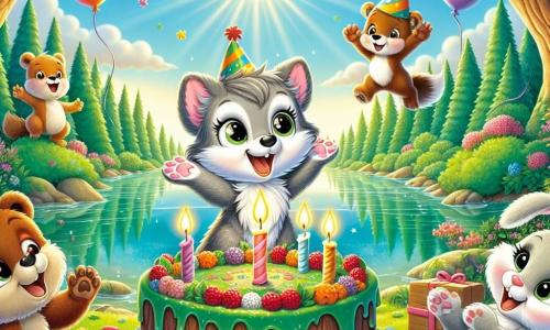 Al centro dell'immagine, un piccolo lupo di nome Lupetto, con un morbido pelo grigio e occhi brillanti di gioia, sta soffiando su una grande candela della sua bellissima torta di compleanno a forma di foresta, circondata da bacche colorate. A destra, l'orso Bubu, con pelo marrone e un grande sorriso, applaude con entusiasmo, mentre a sinistra, la coniglietta Lilla, con grandi orecchie e pelo bianco, danza gioiosamente agitando le zampe. Il decor si svolge vicino a un lago scintillante, circondato da alberi maestosi e fiori multicolori che aggiungono un tocco di magia. Palloncini colorati fluttuano nell'aria e animali della foresta si radunano intorno a loro, tutti sorridenti e felici di festeggiare questo evento speciale. La scena cattura il momento gioioso in cui Lupetto, circondato dai suoi amici, sta per soffiare le candeline, simboleggiando l'amicizia e la magia di un compleanno indimenticabile.
