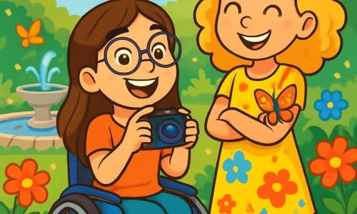 Ci sono 2 personaggi principali: Sofia, una ragazza di 10 anni con lunghi capelli castani e occhiali rotondi, seduta in una bella sedia a rotelle decorata con adesivi colorati, sorride con entusiasmo mentre tiene una piccola macchina fotografica; e Giulia, una ragazza di 10 anni con capelli biondi ricci e un vestito a fiori, in piedi accanto a Sofia con le braccia incrociate e un grande sorriso. La scena si svolge in un giardino incantevole, pieno di fiori dai colori vivaci come rosso, giallo e blu. Al centro, una piccola fontana mormora dolcemente, circondata da pietre lisce. Farfalle colorate volano tra i fiori, sotto un cielo azzurro punteggiato di nuvole bianche. Sofia e Giulia stanno scattando una foto insieme, catturando un momento di gioia e amicizia, mentre una farfalla colorata si posa delicatamente sul braccio di Giulia.