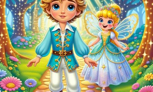 Un giovane principe di nome Leo, di circa 10 anni, si trova al centro della scena, con capelli biondi ricci e occhi pieni di curiosità. Indossa una tunica azzurra decorata con motivi dorati e pantaloni bianchi, sorridendo con meraviglia, pronto a esplorare la foresta incantata. Accanto a lui, una piccola fata luminosa di circa 7 anni, con ali scintillanti e un vestito di petali di fiori, vola gioiosamente attorno a lui, incoraggiandolo con un sorriso caloroso. La scena si svolge in una foresta incantata, con alberi maestosi le cui foglie brillano come stelle al sole e un sentiero di pietre scintillanti che si snoda tra fiori colorati. Raggi di luce filtrano tra i rami, creando un'atmosfera magica e accogliente. Leo è sul punto di attraversare un ponte di nuvole soffici, con un'espressione di determinazione ed eccitazione, mentre la fata lo incoraggia a proseguire, segnando l'inizio della sua avventura piena di magia e scoperte.