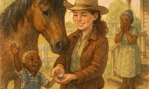 A sun-freckled cowgirl (adult woman) with brown ponytail, determined smile, worn hat, brown leather jacket and dusty boots holds a small silver locket in her palm and strokes her horse’s chest; a blond ~8-year-old boy in a plaid shirt and overalls runs toward her with arms raised, amazed, in front of a white ranch fence; Miss Nellie (adult woman) with graying hair in a bun, a simple floral dress and hands over her mouth cries with joy while holding the other half of the locket, standing by a wooden porch; the horse Bandit, a large chestnut with a messy black mane and pricked ears, is foreground left with his muzzle near the cowgirl’s hand; setting: late-afternoon ranch with worn white fences, weeping willows, golden fields and a pink sky; main scene: warm moment of the cowgirl returning the locket to the ranch woman as the boy applauds, relief and joy, centered composition, soft watercolor colors and detailed wood, leather and metal textures.