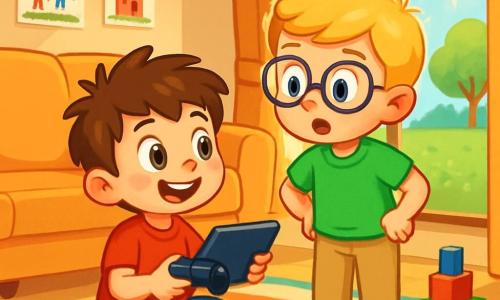 Ci sono 2 personaggi principali: Luca, un ragazzo di 6 anni con capelli castani e occhi vivaci, indossa una maglietta rossa e pantaloni corti blu, seduto sul tappeto con un grande sorriso e un controller in mano; Matteo, un ragazzo di 6 anni con capelli biondi e occhiali rotondi, indossa una maglietta verde e pantaloni beige, in piedi accanto a Luca, guarda il tablet con curiosità, con le mani sui fianchi. Il luogo è un soggiorno luminoso e accogliente, con un grande divano morbido e un tappeto colorato, giocattoli sparsi sul pavimento e una finestra che lascia entrare la luce del sole, illuminando le pareti decorate con disegni di bambini. La situazione principale mostra Luca e Matteo che decidono se giocare con la console o esplorare il giardino soleggiato all'esterno, sembrano emozionati e un po' indecisi, circondati dai loro giocattoli e dal calore del sole che filtra dalla finestra.