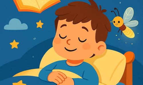 Un bambino di 4 anni, con i capelli castani disordinati e gli occhi pieni di curiosità, è sdraiato su un letto accogliente. Il suo viso esprime serenità, con un leggero sorriso sulle labbra. È avvolto in una coperta stellata, con le braccia tranquille sul ventre. Accanto a lui, una piccola lucciola luminosa, con ali scintillanti e un bagliore dorato, danza dolcemente nell'aria, illuminando la scena con una luce calda e rassicurante. Il luogo è una camera magica, con pareti dipinte di azzurro cielo e nuvole bianche fluttuanti. Stelle dorate brillano sul soffitto, creando un'atmosfera dolce e sognante. Un libro di luce, aperto su una pagina scintillante, fluttua sopra il letto, con parole luminose che danzano nell'aria. La situazione principale mostra il ragazzo che chiude gli occhi, pronto a addormentarsi, mentre la lucciola lo circonda con la sua luce dolce, creando un momento di calma e benessere, come un dolce sogno che inizia a prendere forma.