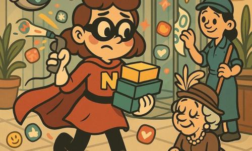 Una superheroína, Nerea, con aire concentrado y algo apenada, rostro redondeado, cejas arqueadas, capa roja ondeando, máscara negra sencilla y pelo castaño corto, sostiene tres cajas y una etiquetadora que lanza pegatinas coloridas; un pequeño dron robot llamado Pipo, cuerpo metálico redondo y ojos LED azules, vuela junto a su hombro proyectando un mapa en miniatura; Lola, mujer adulta y conserje de uniforme azul, sonríe suavemente mientras quita con calma una pegatina gigante de una planta junto al mostrador; una señora mayor elegante con sombrero de plumas está frente a Nerea, aliviada y sujetándose la falda, con una pegatina 