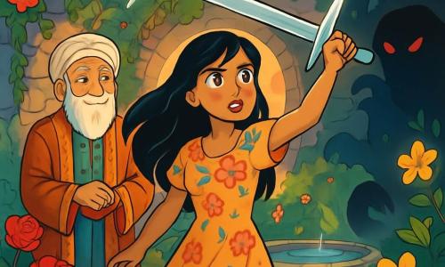 In the center, a young woman named Layla, around 20 years old, stands with an expression of determination and wonder on her face. She wears a flowing dress made of light fabric, adorned with vibrant floral patterns, and her long black hair gently floats in the breeze. In her hand, she holds a shimmering sword, its blade shining like a moonbeam. Beside her is a wise old man named Zahir, about 70 years old, with a long white beard and sparkling wise eyes, standing slightly back. He wears a richly embroidered traditional robe and watches Layla with a benevolent smile, ready to offer her guidance. The setting is a secret garden, hidden behind stone walls covered in flowering vines. Brightly colored flowers, such as red roses and golden jasmines, bloom around them, while a small pond in the center murmurs softly, reflecting the light of the setting sun. The main scene shows Layla, ready to wield her sword, facing a menacing shadow approaching her, while Zahir encourages her with a look full of confidence. The atmosphere is charged with magic and tension, with glimmers of light emanating from the sword, illuminating the mysterious garden.