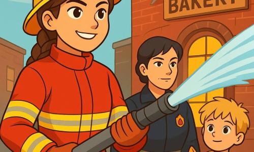 A young firefighter, Maya, with braided brown hair, wears a bright red firefighter suit and a shiny yellow helmet. She has a determined and confident look, and her smile shows her passion for helping others. She is holding a large fire hose, ready to douse a fire. Next to her, Rosa, the captain, a woman in her forties with short black hair and piercing eyes, watches the scene attentively. She wears a firefighter jacket with insignia and appears calm and reassuring. In the background, an eight-year-old boy with messy blonde hair watches in admiration. He holds a small orange cat in his arms, his eyes shining with hope and gratitude. The scene takes place in front of a red brick bakery, with a wooden sign and illuminated windows. Smoke gently rises from the chimney, creating an atmosphere of tension mixed with hope. Maya and her team are about to extinguish a small fire that broke out in the bakery, while the boy and his cat wait safely, witnessing this heroic moment.