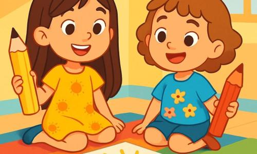 Há 2 personagens principais: - Sofia: uma menina de 7 anos, com longos cabelos castanhos e olhos brilhantes. Ela usa um vestido amarelo com padrões de sol e segura um grande lápis amarelo na mão. - Ana: uma menina de 6 anos, com cabelos curtos e cacheados, de cor castanho claro. Ela veste uma camiseta azul com flores e segura um lápis vermelho na mão. As duas meninas estão sentadas em um tapete colorido em uma sala iluminada, cercadas por paredes pintadas em tons pastel. No chão, uma grande folha branca está espalhada, coberta de desenhos coloridos de flores e de um grande sol radiante. A cena principal mostra Sofia e Ana, sorridentes e orgulhosas, admirando seu desenho. Seus corações estão cheios de alegria e orgulho, enquanto um suave raio de sol entra pela janela, iluminando o ambiente e destacando suas criações.