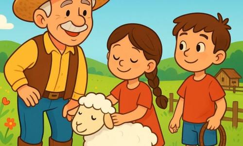 Um homem cowboy sorridente, chamado João, usa um grande chapéu de palha e botas de couro desgastadas. Seu rosto é marcado por rugas de sabedoria e seus olhos brilham de orgulho enquanto observa seus amigos. Ao seu lado, uma menina de 8 anos, Maria, com cabelos castanhos trançados, acaricia suavemente uma ovelha branca. Um menino de 7 anos, Tomás, com uma camiseta vermelha e um short de jeans, segura uma corda e olha para João com admiração. A cena acontece em um vasto campo verde, cheio de flores silvestres coloridas e colinas onduladas sob um céu azul. Ao longe, vê-se um pequeno rancho de madeira cercado por cercas de madeira envelhecida. João ensina as crianças a cuidar das ovelhas, mostrando como guiá-las com suavidade e paciência. A atmosfera é alegre e cheia de energia, com risadas de crianças e o suave som dos animais.