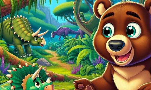 Oliver, a young brown bear with sparkling curious eyes, stands in the center of a prehistoric jungle, amazed by the gigantic trees with lush leaves and vibrant colors. He has a bright smile and his paws are raised, as if ready to explore this fascinating world. Nearby, a young triceratops, with green skin and three sharp horns, looks at Oliver with eyes full of admiration and gratitude. He is slightly bent, as if ready to approach the bear to play. The setting is a dense jungle filled with giant ferns, bright flowers, and sounds of exotic animals. Majestic dinosaurs move in the background, adding a touch of magic to this distant era. The main scene shows Oliver helping the young triceratops, who is stuck in a thorny bush. The bear gently uses his paws to remove the thorns, while the triceratops looks relieved and grateful, embodying the spirit of friendship and adventure in this time-travel story.