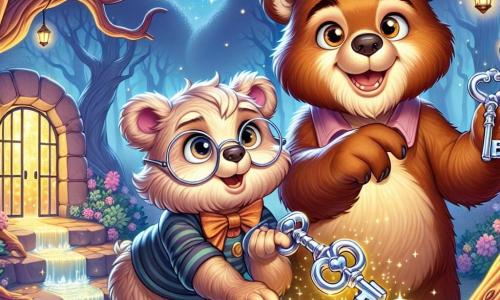 A brown bear named Benny, with sparkling curious eyes and a wide smile, holds a shiny silver key above an enchanted spring, his soft, silky fur illuminated by the moonlight. Next to him, his big sister Bella, a cream-furred bear with round glasses, displays a look of wonder, arms crossed, proudly watching her brother. The setting is a magical forest, where gnarled trees rise under a starry sky, and a sparkling spring reflects the moonlight, creating a fairytale atmosphere. The main scene shows Benny and Bella discovering the repaired key, ready to open the door of a mysterious kiosk, surrounded by golden glows and falling leaves, while a light mist adds a touch of mystery to the scene.