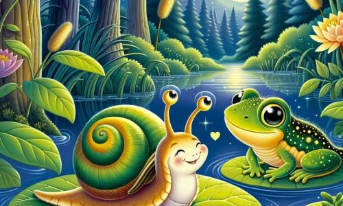 A small snail named Nib, with a spiral shell in soft shades of green and yellow, slowly moves across a dewy leaf, his face expressing joyful curiosity and sparkling eyes. Next to him, a newt with green and golden scales, wearing a small crown of reeds, floats on a lily pad, watching Nib with a shy smile. In the background, a shimmering pond reflects the moonlight, surrounded by tall trees with lush leaves and colorful flowers gently swaying in the breeze. The scene depicts Nib and the newt sharing a moment of discovery as they listen to the sounds of the night, creating a magical and friendly atmosphere.