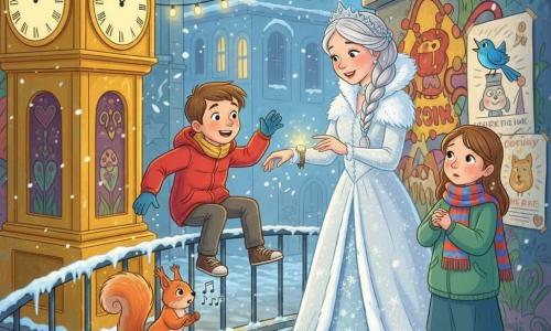 The Snow Queen (from Hans Christian Andersen), moved and kind, smiles gently; she wears a long sparkling white gown like fresh snow, silver hair braided with stars, glittery modern sneakers, and reaches toward a small glowing bracelet-watch. Kai, about 10, energetic and amazed, in a red jacket and blue gloves, skates slightly on an icy ramp near the queen watching the animals. Gerda, about 11, upset then soothed, with a colorful scarf and teary eyes, stands by the clock tower turret, hesitantly holding the watch. A shy red squirrel stands on a wooden box chirping; a bright blue bird perches on a wall poster singing; a grey mouse with bright eyes listens at the queen’s feet. Setting: an urban alley by a large golden clock tower, walls covered in colorful graffiti and children's posters, wet cobbles, string lights and swirling snowflakes. Main scene: the Snow Queen restores the voices of the city's small animals and silent voices by touching the magic watch while Kai and Gerda watch emotionally at the base of the clock; warm atmosphere despite the cold, bright palette of blues, silver, reds and yellows. Style: clear vector illustration, soft lines, strong contrasts, readable facial expressions, composition centered on the glowing watch and the characters’ faces.