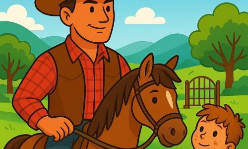 A cowboy, a man with a tanned face and sparkling eyes of determination, stands proudly on his brown horse named Maple. He wears a large cowboy hat, a red plaid shirt, and a leather vest, with a calm and resolute expression. Beside him is a young boy named Eli, about 8 years old, with messy hair and dust on his cheeks, looking at the cowboy with admiration, holding a small stick in his hands. The setting is a lush valley with rolling hills under a bright blue sky, majestic trees lining a sparkling stream that winds through the meadow. In the background, a large rusty iron gate stands, symbolizing the obstacle to overcome. The scene shows the cowboy and Eli preparing to release the water from the valley, with expressions of courage and hope on their faces, while white clouds gently float in the sky.
