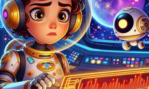 Sofia, uma jovem com cabelos castanhos e cacheados, usa um traje espacial brilhante e um capacete amarelo. Ela tem um olhar determinado e preocupado, com as sobrancelhas franzidas, enquanto observa uma tela de controle que pisca em vermelho. Ao seu lado, o Robô Léo, um pequeno robô redondo com olhos brilhantes e um sorriso amigável, flutua no ar, pronto para ajudá-la. A cena acontece dentro de uma estação espacial futurista, com paredes de metal prateado, luzes coloridas e janelas que dão para uma bela paisagem espacial, cheia de estrelas cintilantes e um planeta azul e lilás ao fundo. Sofia e Léo enfrentam um alerta de emergência, com alarmes soando e luzes piscando, enquanto precisam rapidamente encontrar uma solução para salvar sua missão de colonização.