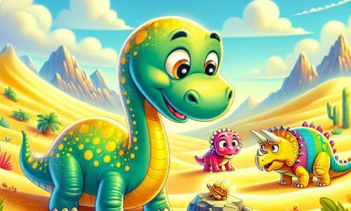 Um jovem diplodoco chamado Dino, com um longo pescoço elegante e pele verde com manchas amarelas, expressa grande curiosidade e excitação ao descobrir um artefato antigo brilhando ao sol. Ao seu lado, Trixie, uma tricerátops rosa com três chifres na testa, observa o tesouro com admiração, enquanto Spike, um estegossauro com placas coloridas, observa com um ar preocupado, mantendo-se um pouco afastado. A cena acontece em um vasto deserto dourado, onde dunas de areia ondulam sob um céu azul brilhante, salpicado de algumas nuvens brancas. Ao longe, montanhas se delineiam no horizonte, acrescentando um toque de mistério ao ambiente. Dino, Trixie e Spike estão ao redor do artefato cintilante, prontos para descobrir seus segredos, enquanto flores coloridas e plantas exóticas cercam a cena, adicionando um toque de magia à sua aventura.