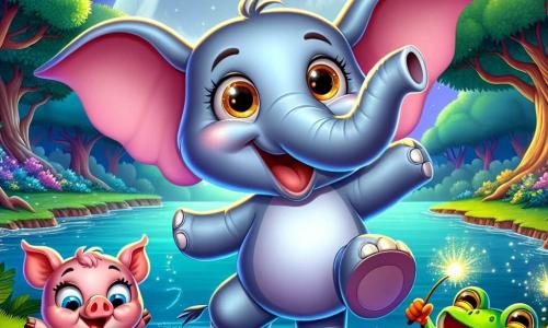 Um elefante alegre chamado Eletro, com grandes orelhas rosas e uma tromba expressiva, dança entusiasticamente à beira de uma linda lagoa iluminada pela lua. Seus olhos brilham de curiosidade e felicidade enquanto faz movimentos de dança divertidos na grama verde. Ao seu lado, um pequeno porquinho chamado Bolota, com pelagem rosa e olhos brilhantes, salta de alegria segurando uma cenoura mágica cintilante. Um sapo colorido, o Sapo Risonho, está fazendo malabarismos com pedras, rindo e fazendo caretas enquanto se equilibra em uma pedra plana perto da lagoa. A cena acontece em uma floresta encantada, onde árvores majestosas com folhas brilhantes cercam a lagoa, e vaga-lumes dançam no ar, adicionando um toque mágico à atmosfera. Os amigos celebram juntos uma grande festa, cheia de risadas e alegria, criando memórias inesquecíveis sob o céu estrelado.