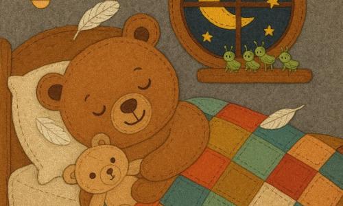 A small light brown teddy with a round soft body, embroidered smiling face and sleepy joyful expression is turning in a large wooden bed with a sewn patchwork quilt; a smaller beige velour teddy with a button eye is hugged to its chest; two small white feathers rest on the pillow, one tickling the bear’s nose; a row of stylized little crickets in green felt with embroidered antennae perch on the round windowsill, seeming to sing a lullaby; the room is a cozy cave turned child’s bedroom with textured gray felt walls, a round window showing a sewn yellow moon and bright stars, a knitted wool rug and a hanging fabric lamp, all made from appliqués with visible topstitching; the main scene shows the teddy switching sides and finally snuggling in the center with its comforter, with a warm, gentle, slightly humorous mood, dim lighting, obvious fabric textures and decorative seams.