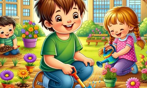 Ein 3-jähriger Junge namens Max mit zerzausten braunen Haaren und einem großen Lächeln auf seinem Gesicht hockt in einem sonnigen Garten und hält eine kleine bunte Schaufel. Er ist voller Aufregung und Begeisterung, während er Blumensamen in die Erde pflanzt. Neben ihm gießt seine beste Freundin Lina, ein 3-jähriges Mädchen mit geflochtenen blonden Haaren und einem rosa gepunkteten Kleid, Wasser auf ihre kleinen Blumen, die zu wachsen beginnen. Sie lächelt fröhlich, ihre Augen strahlen vor Glück. Ein wenig weiter gräbt Tom, ein 3-jähriger Junge mit bräunlichen Haaren und einem grünen T-Shirt, ein Loch, um Karotten zu pflanzen, mit einem konzentrierten Ausdruck im Gesicht. Der Ort ist ein lebendiger Schulgarten, gefüllt mit brauner Erde, bunten Töpfen und strahlenden Blumen, die unter der strahlenden Sonne zu blühen beginnen. Im Hintergrund sieht man ein Schulgebäude mit Fenstern und einen großen Baum, der Schatten spendet. Die Hauptsituation zeigt die Kinder, die begeistert zusammenarbeiten, um ihren Garten zu gestalten, jeder pflanzt seine eigenen Samen und lacht und ermutigt sich gegenseitig.