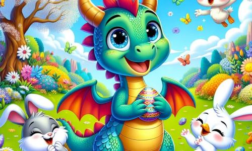 Un adorable dragón llamado Dimi, con escamas brillantes de colores vivos (rojo, azul y verde) y ojos chispeantes como estrellas, se encuentra en el centro de la imagen, sonriendo con entusiasmo al descubrir un árbol mágico decorado con hermosos huevos de Pascua de colores. A su derecha, una pequeña conejita llamada Lolo, con un pelaje suave y blanco, grandes orejas y una cara alegre, salta de alegría sosteniendo una zanahoria con sus patas delanteras. A su izquierda, un pequeño pato llamado Pipo, con plumaje amarillo brillante y ojos redondos, aplaude con emoción, con las alas levantadas. El fondo muestra un parque soleado, lleno de flores multicolores, mariposas revoloteando y un cielo azul claro. La escena representa el momento en que Dimi y sus amigos descubren la magia de Pascua, rodeados de risas y alegría, listos para celebrar juntos.
