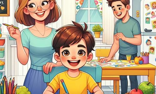 Un niño de 6 años, Tomás, con cabello castaño y ojos brillantes de alegría, está sentado en la mesa de la cocina, sonriendo ampliamente. Lleva una camiseta amarilla brillante y un pantalón corto azul, sosteniendo un crayón de colores en su mano. A su lado, su mamá, una mujer de unos 30 años con cabello largo y rizado, lo anima con una sonrisa cálida, mientras prepara hojas de papel de colores en la mesa. Su papá, un hombre de unos 35 años con barba ligera y gafas, está de pie cerca del refrigerador, sosteniendo un plato de frutas frescas, listo para compartir. La cocina es luminosa y acogedora, con paredes pintadas de blanco y cortinas con motivos de flores coloridas. Un gran pizarrón está colgado en la pared, lleno de dibujos infantiles. La escena principal muestra a Tomás y su familia planeando un día creativo, rodeados de suministros artísticos, listos para crear obras de arte juntos.
