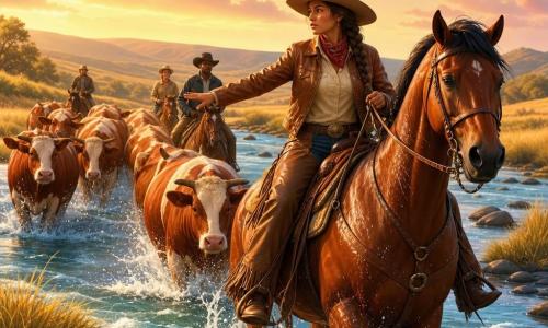 Een ongeveer 22-jarige cowgirl met gevlochten bruin haar, gebruinde huid, beige hoed, bruine leren jas en stoffige laarzen leidt te voet een kudde en houdt de teugels van haar grote glanzende alezane paard Duke met zwarte manen; een tiental roodbruine gevlekte koeien volgt in file, snuiten nat en poten spattend in het water; ze trekken een brede, snelstromende blauwgroene rivier met mosbedekte keien en gele oevergras over onder een gouden middaghemel met roze wolken — rustige moed en beweging met dynamische plonsen.