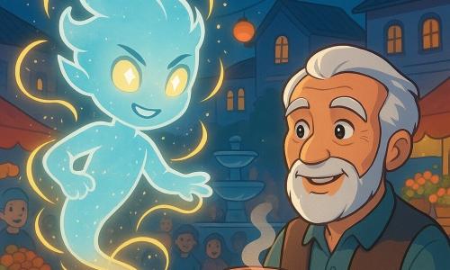 Un mic spirit luminos, Eon, plutește în aer, cu un corp translucid și strălucitor, ochii săi strălucind ca stelele. Are o expresie hotărâtă și veselă, înconjurat de fire de lumină aurie. Lângă el, bătrânul vânzător de ceai, Eder, un bărbat cu părul alb și barba îngrijită, zâmbește cald, ținând o cană de ceai fumegând, ochii săi strălucind de recunoștință. În fundal, piața animată de la Fantana Albastră este plină de lampioane colorate, standuri cu fructe și flori, iluminată de o lumină nocturnă blândă, creând o atmosferă magică și primitoare. Situația principală arată cum Eon își folosește magia pentru a face lumina să strălucească în jurul său, alungând umbrele amenințătoare care se apropie, în timp ce locuitorii pieței privesc cu uimire.