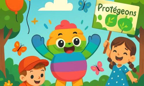 Fluffi, ein niedlicher, bunten Plüschcharakter in Regenbogenfarben, mit einem fröhlichen Lächeln und funkelnden Augen, steht im Zentrum des Parks und hebt die Arme zur Feier. Er ist umgeben von leuchtenden Blumen und großen, grünen Bäumen. Rechts von ihm steht Mia, ein kleines Mädchen mit geflochtenen braunen Haaren, in einem blauen gepunkteten Kleid, das strahlend lächelt und ein buntes Schild mit der Aufschrift "Schützen wir die Natur!" hält. Links von ihm ist Max, ein Junge mit roten Haaren und einer roten Mütze, der entschlossen und begeistert Müll mit einem großen Plastiksack sammelt. Der Park ist voller bunter Blumen, schwirrenden Schmetterlingen und Kinderlachen, unter einem hellblauen Himmel mit einigen fluffigen weißen Wolken. Die Hauptsituation zeigt Fluffi und die Kinder, die ihren Erfolg nach der Reinigung des Parks feiern, umgeben von Ballons und Girlanden, was eine festliche und fröhliche Atmosphäre schafft.