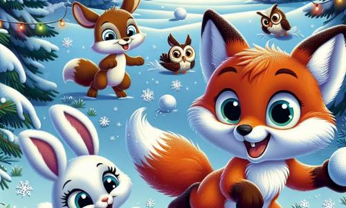 Flurry the Fox, a small fox with reddish fur and a bushy tail, is at the center of the scene, his eyes sparkling with excitement and a big smile on his face. He is throwing a snowball towards his friends, his body in motion, ready to have fun. Next to him, Bella the Rabbit, with her white fur and large ears, is joyfully hopping, laughing heartily. She holds a snowball in her front paws, ready to join the snowball fight. In the background, Ollie the Owl, with his brown feathers and big round eyes, watches the scene with an amused smile, perched on a tree branch. He seems proud of his friends and ready to join in the fun. The setting is an enchanted clearing surrounded by tall snow-covered fir trees under a starry sky where the moon shines brightly. Colorful string lights illuminate the scene, creating a festive and magical atmosphere. The main situation shows Flurry and his friends in the midst of a snowball fight, laughing and having fun together, joyfully celebrating the New Year in a spirit of camaraderie and happiness.