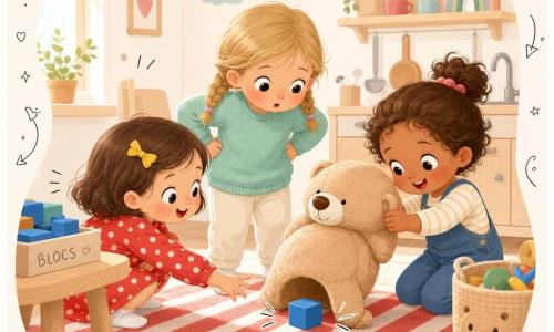 Drie meisjes van 3 jaar: Mila, kort bruin haar met een geel haarspeldje, rood jurkje met witte stippen, links gehurkt reikend naar een klein blauw blokje; Noor, blond met vlechten, muntgroene trui, middenstaand met handen in de zij en nieuwsgierige blik; Saar, kastanjebruin krullend haar, blauwe tuinbroek, rechts terwijl ze zacht een grote beige knuffelbeer optilt om het blok te tonen. Ruimte: lichte, gezellige speelkeuken met licht houten vloer, klein rood-wit gestreept vloerkleed, lage houten tafel met doos met blauwe blokken en zacht binnenvallend licht; eenvoudige pasteltinten en afgeronde vormen. Situatie: de drie kleine onderzoeksters vinden samen een klein blauw blokje verborgen onder een grote knuffelbeer op het kleed, vrolijke, verraste gezichten, het blauwe blok vormt het centrale focuspunt.
