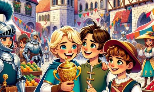 Tre amici si trovano al centro di una vivace piazza medievale: Leo, un ragazzo di 10 anni con capelli biondi e occhi azzurri, sorride entusiasta tenendo un trofeo dorato tra le mani. Alla sua destra, Marco, un ragazzo di 9 anni con capelli ricci e un sorriso contagioso, indica un gruppo di cavalieri in armatura splendente. A sinistra, Sofia, una ragazza di 8 anni con capelli castani e occhi scintillanti, osserva con curiosità una donna in lungo abito e grande cappello, affascinata dalla sua eleganza. Il contesto è una piazza medievale vibrante, circondata da edifici in pietra con tetti di tegole rosse, banchi colorati di frutta e tessuti, e bandiere che sventolano nel vento. La scena principale mostra Leo, Marco e Sofia uniti in una missione per aiutare un cavaliere in difficoltà a ritrovare il suo prezioso trofeo, simboleggiando lo spirito d'avventura e amicizia che li unisce.