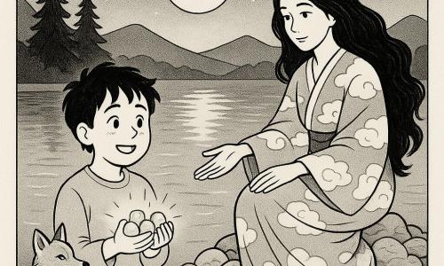 Un ragazzo (Taro), volto rotondo e sorridente, capelli neri spettinati, tiene sul petto tre piccoli oggetti scintillanti, emozionato con lo sguardo meravigliato e mani leggermente tremanti; una donna (Tsukiyomi) di circa 30 anni, lunga chioma nera e kimono fatto di nuvole, è seduta su un'isola di ciottoli al centro del lago e porge la mano con calma e benevolenza; un volpe argentata dal pelo lucente e occhi vivaci è sulla riva sinistra, seduta e attenta con la coda avvolta intorno alle zampe; il lago è calmo come uno specchio che riflette la luna piena, con piccole onde, pini alti e montagne sullo sfondo, cielo stellato; il ragazzo torna all'isola al chiaro di luna per offrire i tre doni in un'atmosfera magica e pacifica, contrasti netti in bianco e nero e texture d'inchiostro per acqua, kimono e pelo.